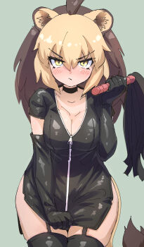1girl absurdres animal_ears barbary_lion_(kemono_friends) blonde_hair blush brown_hair choker elbow_gloves extra_ears garter_straps gloves grey_background highres jacket kemono_friends lion_ears lion_girl lion_tail long_hair looking_at_viewer lowlandgorilla simple_background solo tail thighhighs whip yellow_eyes zipper