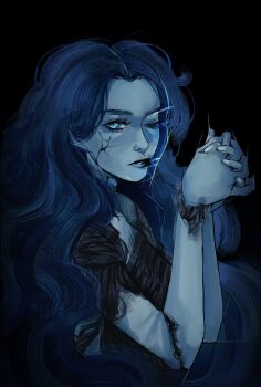 1girl black_background black_lips blue_eyes blue_hair blue_skin colored_skin commentary cracked_skin curtained_hair doll_joints elden_ring english_commentary extra_arms extra_faces glowing glowing_tattoo highres interlocked_fingers joints knightaout looking_at_viewer one_eye_closed own_hands_together portrait pout ranni_the_witch solo tattoo upper_body wavy_hair