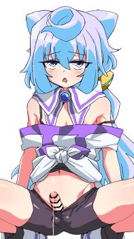 Rule 34 | 1boy, animated, animated gif, bar censor, bike shorts, black shorts, blue eyes, censored, clothes pull, commentary request, cum, ejaculation, erection, hacka doll, hacka doll 3, highres, long hair, male focus, navel, nipples, open mouth, penis, purple hair, shorts, shorts pull, simple background, solo, squatting, tamaya, trap, white background