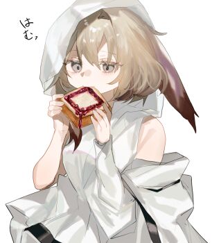1girl animal_ears arknights bread bread_slice brown_hair commentary_request eating expressionless food food_in_mouth fumi_(rdbm) grey_eyes hierda_(arknights) highres holding holding_food hood hood_up jam partial_commentary rabbit_ears rabbit_girl simple_background solo white_background