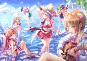 6+girls aikawa_megumi asakura_karen_(heaven_burns_red) ass barefoot bikini black_hair black_sandals blonde_hair blue_sky braid breasts cat_tail cleavage cloud comiket_102 commentary_request crossed_ankles day eyes_visible_through_hair eyewear_on_head food food_in_mouth full_body glasses goto_p green_eyes grey_hair grin guitar hair_ornament hair_over_one_eye hair_over_shoulder hairclip half_up_braid hat heart heart-shaped_eyewear heaven_burns_red high_heel_sandals high_heels highres holding holding_guitar holding_instrument holding_water_gun hood hooded_jacket instrument izumi_yuki_(heaven_burns_red) jacket kayamori_ruka knees_up kunimi_tama large_breasts leaning_to_the_side long_hair looking_at_viewer looking_to_the_side low-tied_long_hair military_hat multiple_girls music ocean official_art outdoors parallel_hairclips pink_eyes pink_hair playing_guitar playing_instrument popsicle popsicle_in_mouth red_eyes sandals school_swimsuit short_hair sitting sky smile standing straight_hair stretching sunglasses swimsuit tail team_31a_(heaven_burns_red) textless_version toujou_tsukasa two_side_up very_long_hair water_gun yellow_eyes