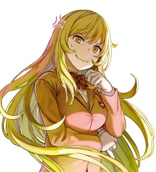 1girl absurdres anger_vein arm_under_breasts blazer blonde_hair bow bowtie breasts brown_jacket emblem forced_smile gloves hand_to_own_mouth highres jacket large_breasts long_hair long_sleeves looking_at_viewer nogi_yasuhito official_art red_bow red_bowtie school_emblem school_uniform second-party_source shirt shokuhou_misaki solo sparkling_eyes toaru_kagaku_no_mental_out toaru_kagaku_no_railgun toaru_majutsu_no_index tokiwadai_school_uniform very_long_hair white_background white_gloves white_shirt winter_uniform yellow_eyes