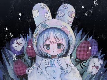 1girl :o amou_shiira animal animal_ears astronaut blue_eyes blue_hair blush flower gloves grass looking_at_viewer night night_sky original purple_flower purple_tulip rabbit red_flower red_tulip short_hair sky solo star_(symbol) sticker tulip upper_body white_gloves