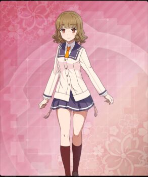 1girl blazer blue_skirt blunt_bangs breasts brown_hair brown_shoes closed_mouth dot_nose feet_out_of_frame floral_background game_cg jacket layered_sleeves long_sleeves medium_breasts naeba_wakako necktie official_art pink_background red_eyes red_pupils red_socks renpu_girls_school_uniform school_uniform shirt shoes short_hair skirt smile socks solo tassel third-party_source toji_no_miko toji_no_miko:_kizamishi_issen_no_tomoshibi wavy_hair white_jacket white_shirt yellow_necktie