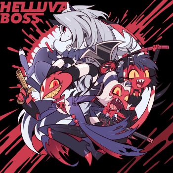 2boys 2girls animal_ears bad_id bad_pixiv_id black_footwear black_hair black_pants black_shirt blitzo_(helluva_boss) blood blood_splatter blue_coat boots coat colored_sclera colored_skin copyright_name demon_boy demon_girl furrowed_brow furry furry_female grey_hair grin gun hellaverse helluva_boss high_heel_boots high_heels highres holding holding_gun holding_weapon horns knee_boots long_hair long_sleeves looking_at_viewer loona_(helluva_boss) meremero millie_(helluva_boss) moxxie_(helluva_boss) multiple_boys multiple_girls open_mouth pants red_eyes red_sclera red_skin sharp_teeth shirt smile striped_horns teeth weapon white_fur wolf_ears wolf_girl yellow_sclera