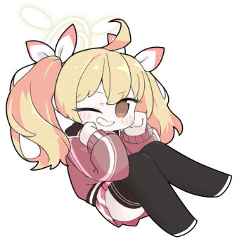 1girl ahoge black_thighhighs blonde_hair blue_archive blush_stickers brown_eyes brown_jacket chibi full_body grin hair_ribbon halo jacket long_hair long_sleeves looking_at_viewer miranofuudoria one_eye_closed pink_skirt plaid_clothes plaid_skirt pleated_skirt puffy_long_sleeves puffy_sleeves ribbon shoes simple_background skirt smile solo thighhighs twintails white_background white_ribbon white_shoes yoshimi_(blue_archive)