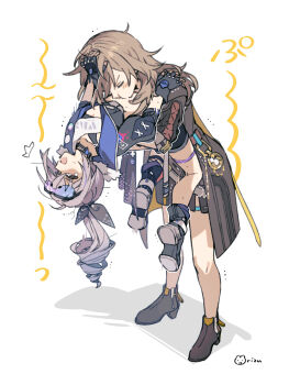 2girls artist_name black_gloves black_jacket black_shorts blowing_on_another&#039;s_stomach blowing_raspberry blush boots breasts carrying carrying_person choker crossed_bangs drill_hair eyewear_on_head fingerless_gloves fishnets fur_trim gloves goggles grey_eyes grey_hair hair_between_eyes head_on_another&#039;s_stomach height_difference high_heel_boots high_heels highres holding honkai:_star_rail honkai_(series) hug jacket laughing long_hair long_sleeves midriff multiple_girls open_mouth pocket_square pocket_watch ponytail rizu033 shirt shorts silver_wolf_(honkai:_star_rail) simple_background skirt small_breasts stelle_(honkai:_star_rail) sweat tearing_up thigh_strap trailblazer_(honkai:_star_rail) watch white_background white_shirt yuri