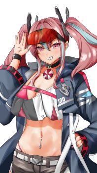 1girl absurdres aviator_sunglasses azur_lane belt bikini bikini_under_clothes black_choker black_shorts blue_coat breasts bremerton_(azur_lane) buckle choker cleavage coat commentary cowboy_shot crop_top crop_top_overhang eyewear_on_head grey_belt grey_hair grey_shirt grin groin hair_between_eyes hair_intakes hair_ornament hand_up highleg highleg_bikini highres hood hood_down hooded_coat large_breasts lifebuoy_ornament long_hair long_sleeves looking_at_viewer midriff mole mole_on_breast mole_under_eye multicolored_hair navel navel_piercing open_clothes open_coat piercing pink_belt pink_bikini pink_eyes pink_hair pink_nails red-tinted_eyewear salute shirt short_shorts shorts sidelocks simple_background skindentation smile snap-fit_buckle solo standing streaked_hair sunglasses swimsuit takeshiki_no_hirata teeth tinted_eyewear twintails two-tone_hair two-tone_shirt vulcan_salute white_background white_shirt wristband