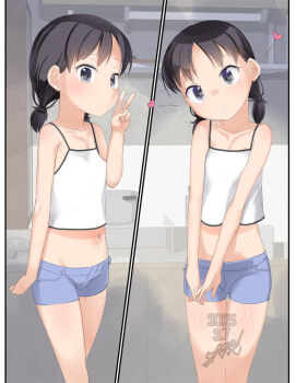 1girl areola_slip bare_arms bare_shoulders black_hair blue_shorts blush breasts camisole closed_mouth dated grey_eyes groin hand_up head_tilt heart interlocked_fingers loli low_twintails multiple_views navel original own_hands_together short_hair short_shorts short_twintails shorts signature small_breasts thigh_gap twintails v white_camisole yone_kinji
