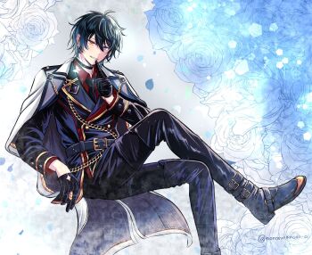 Rule 34 | 1boy, belt, belt buckle, belt collar, black belt, black hair, black necktie, black pants, blue eyes, boots, buckle, bug, butterfly, chain, clenched teeth, coat, coat on shoulders, collar, collared shirt, commentary, ensemble stars!, flower, foot out of frame, gloves, hand up, heterochromia, highres, index finger raised, insect, invisible chair, kagehira mika, long sleeves, looking at viewer, necktie, nononnanodayo, official alternate costume, pants, parted lips, petals, pov, rose, shirt, short hair, sitting, solo, teeth, twitter username, white gloves, wing collar, yellow eyes