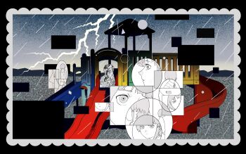 1girl absurdres chaojufei commentary english_commentary hair_ornament highres iwakura_lain lightning multiple_views playground rain serial_experiments_lain short_hair slide solo x_hair_ornament