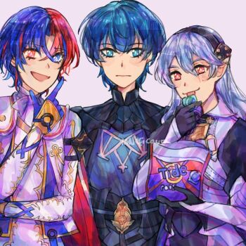 Rule 34 | 1girl, 2boys, :d, armor, artist name, bad id, bad twitter id, black armor, black hairband, blue eyes, blue gloves, blue hair, closed mouth, crossed bangs, female corrin (fire emblem), fire emblem, fire emblem: three houses, fire emblem engage, fire emblem fates, gloves, grey hair, hair between eyes, hairband, heterochromia, highres, inactive account, index finger raised, long hair, looking at viewer, male alear (fire emblem), male byleth (fire emblem), maleficauraa, multicolored hair, multiple boys, nintendo, open mouth, pointy ears, red eyes, red hair, short hair, smile, split-color hair, tongue, two-tone hair, watermark