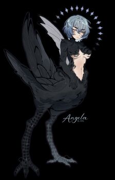 1girl absurdres angela_(project_moon) belly bird black_background blue_hair breasts centauroid character_name commentary crow english_commentary feathers furry highres large_breasts library_of_ruina ny_000a project_moon short_hair signature simple_background taur thick_eyebrows yellow_eyes