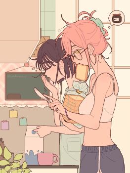 Rule 34 | 2girls, alien stage, bag, bob cut, bread, bread slice, camisole, choppy bangs, closed eyes, coldmeow, commentary, crop top, cup, dolphin shorts, drink carton, food, food in mouth, from side, green shirt, grey shorts, hair bun, highres, holding, holding bag, holding knife, indoors, knife, loaf of bread, milk carton, mizi (alien stage), morning, motion lines, mug, multiple girls, pink hair, plastic bag, profile, purple hair, shirt, short hair, shorts, single hair bun, slice of life, speech bubble, spoken object, squeans, sua (alien stage), symbol-only commentary, thought bubble, waking up, white camisole, yawning, yellow eyes