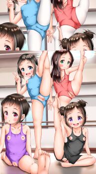 4girls ass barefoot black_hair blush cameltoe censored cleft_of_venus close-up crotchless exercising fat_mons feet female_focus flat_chest full_body higeepon highres leotard loli looking_at_viewer mosaic_censoring multiple_girls nippleless_clothes nipples pantyhose pussy smile split_screen spread_legs tagme third-party_edit