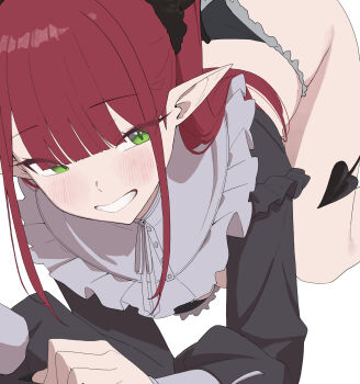 1girl all_fours black_panties blush commentary_request cosplay demon_girl demon_tail frilled_shirt frills green_eyes highres kitagawa_marin long_sleeves nmm panties pointy_ears red_hair rizu-kyun rizu-kyun_(cosplay) shirt smile solo sono_bisque_doll_wa_koi_wo_suru tail thong triangle_back_thong underwear