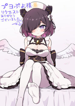 Rule 34 | 1girl, apron, azur lane, bare shoulders, bell, black dress, breasts, brown hair, cleavage, closed mouth, commentary request, commission, cone hair bun, dress, feathered wings, feathers, frilled apron, frills, gradient background, hair bun, hair over one eye, hat, jervis (azur lane), large breasts, multicolored hair, neck bell, nekono rin, no shoes, nurse cap, pantyhose, pink background, pink hair, purple eyes, sitting, skeb commission, smile, soles, solo, translation request, two-tone hair, white apron, white background, white feathers, white hat, white pantyhose, white wings, wings