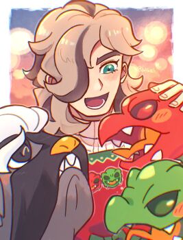 1boy apron arven_(holiday_2025)_(pokemon) arven_(pokemon) blush brown_hair commentary_request fangs highres long_hair long_sleeves luffa88k mabosstiff multicolored_hair nintendo official_alternate_costume open_mouth pokemon pokemon_(creature) pokemon_masters_ex red_apron scovillain sharp_teeth smile sweater teeth white_sweater