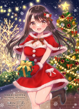 1girl :d bare_tree boots bow box breasts brown_boots brown_eyes brown_hair capelet christmas christmas_ornaments christmas_tree cleavage commentary_request dress fur-trimmed_boots fur-trimmed_capelet fur-trimmed_dress fur-trimmed_gloves fur_trim gift gift_box gloves hair_bow highres holding holding_gift long_hair looking_at_viewer medium_breasts night open_mouth original outdoors red_bow red_capelet red_dress red_gloves sato_ame sky smile solo standing standing_on_one_leg star_(symbol) tree very_long_hair watermark