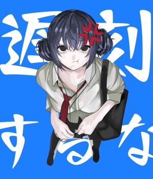 Rule 34 | anger vein, angry, bag, black hair, black skirt, blue background, blue hair, commentary request, double bun, earbuds, earphones, full body, hair bun, highres, looking at viewer, manyu2525, necktie, original, pale skin, pantyhose, partially unbuttoned, pout, red necktie, school bag, school uniform, shoulder bag, simple background, skirt, standing, text background