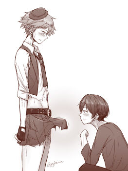 Rule 34 | 2boys, belt, bulge, closed mouth, collared shirt, commentary request, earrings, erection, erection under clothes, fingerless gloves, from side, genderswap, genderswap (ftm), gloves, gojarun, greyscale, hat, highres, honda mio, idolmaster, idolmaster cinderella girls, jewelry, male focus, miniskirt, monochrome, multiple boys, profile, shibuya rin, shirt, short hair, simple background, skirt, standing, star (symbol), star earrings, sweatdrop, torn clothes, torn skirt, twitter username, vest, white background, yaoi