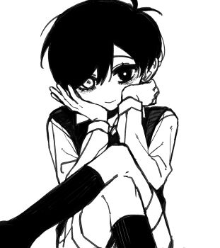 Rule 34 | 1boy, alternate sleeve length, antenna hair, bags under eyes, bright pupils, closed mouth, collared shirt, commentary request, crossed legs, double-parted bangs, feet out of frame, greyscale, hair behind ear, hair between eyes, hands on own cheeks, hands on own face, hands up, heterochromia, high contrast, highres, kneehighs, long sleeves, looking at viewer, male focus, monochrome, omori, rou (h s sinrin), shirt, short hair, shorts, simple background, sitting, smile, socks, solo, spoilers, sunny (omori), sweater vest, very short hair, white background