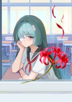 1girl absurdres alternate_costume bandage_over_one_eye black_sailor_collar breasts classroom closed_mouth desk flower from_outside from_side grey_eyes grey_hair head_rest highres indoors light_blush long_hair looking_at_viewer looking_to_the_side medium_breasts myumyu431 phrolova_(wuthering_waves) sailor_collar school_desk school_uniform shirt short_sleeves solo spider_lily white_shirt wuthering_waves
