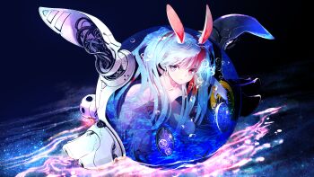 1girl animal_ears blue_eyes chinese_zodiac commentary_request expressionless flat_chest heterochromia highres long_hair looking_at_viewer multicolored_hair nude original rabbit_ears rabbit_girl red_eyes red_hair science_fiction solo spacecraft sumi_keiichi two-tone_hair water year_of_the_rabbit