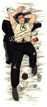 Rule 34 | 1boy, afraid of monsters, ashtray, beard stubble, black eyes, brown hair, chest hair, cigarette, clothes lift, commentary, david leatherhoff, drugs, english commentary, facial hair, from above, full body, grin, half-life (series), hand up, head on pillow, highres, hood, hoodie, knee up, lighter, logo, looking at viewer, male focus, midriff, pants, pill bottle, pillow, print hoodie, pubic hair, scar, scar on arm, scar on face, shirt, shirt lift, short hair, smile, striped clothes, striped hoodie, stubble, t-shirt, torn clothes, torn pants, torn socks, ttwicoff, unworn hoodie, white shirt, yaoi