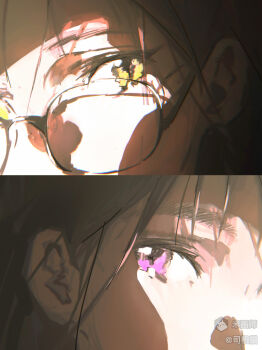 Rule 34 | 2girls, absurdres, alien stage, black-framed eyewear, black hair, close-up, eye focus, glasses, highres, looking at another, mizi (alien stage), multiple girls, overexposure, purple eyes, sijimao, sua (alien stage), yellow eyes