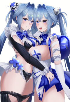 2girls asymmetrical_docking backpack bag blue_eyes blue_hair breast_press breasts gloves goddess_of_victory:_nikke gretel_(nikke) hansel_(nikke) highres large_breasts leotard light_blush looking_at_viewer multiple_girls randoseru ribbed_shrug shrug_(clothing) siblings smile thighs twins twintails white_background white_gloves white_leotard yume_30_31