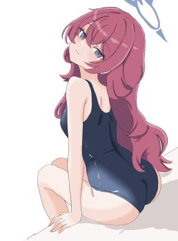 1girl ass back bare_legs bare_shoulders blue_archive blue_halo blue_one-piece_swimsuit blush breasts closed_mouth commentary covered_navel feet_out_of_frame grey_eyes hair_between_eyes halo highres iroha_(blue_archive) kamitosayu loli long_hair looking_at_viewer looking_back one-piece_swimsuit red_hair school_swimsuit sitting small_breasts smile solo split_mouth swimsuit thighs tilted_head very_long_hair white_background