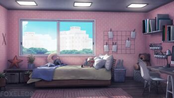 3d artist_name basket bed blanket blender_(medium) book brush building ceiling ceiling_light chair clothes_pin cloud commentary day english_commentary english_text floor flower_pot foxeleos highres indoors computer_keyboard lamp monitor mousepad_(object) no_humans original pencil photoshop_(medium) pillow plant rug scenery shelf stuffed_animal stuffed_toy table teddy_bear wall watermark window wooden_floor