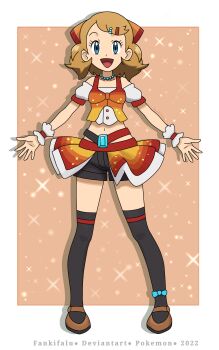 1girl absurdres alternate_costume ankle_ribbon artist_name bare_shoulders black_thighhighs blonde_hair blue_eyes bow brown_shoes collarbone eyelashes facing_viewer fankifalu female_focus full_body hair_ornament hair_ribbon happy highres idol jewelry leg_ribbon looking_at_viewer mary_janes medium_hair midriff navel necklace nintendo off-shoulder_shirt off_shoulder official_alternate_hair_length official_alternate_hairstyle open_hand open_mouth outstretched_arms pearl_necklace pokemon pokemon_xy ribbon serena_(pokemon) shirt shirt_bow shoes short_shorts short_sleeves shorts shorts_under_skirt showgirl_skirt sidelocks sparkle_background standing swept_bangs thighhighs thighs wavy_hair wrist_cuffs