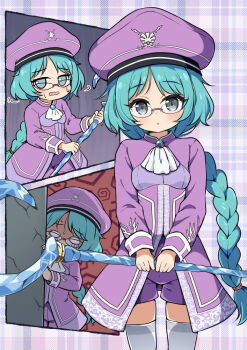 1girl braid character_request commentary_request commission copyright_request glasses hat holding long_hair nekono_rin shorts skeb_commission thighhighs