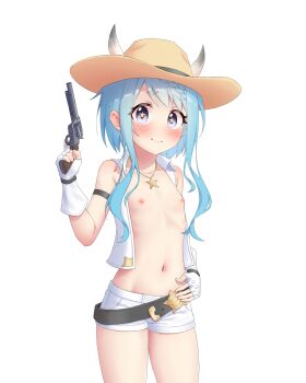 Rule 34 | 1girl, absurdres, bikini, blue hair, cowboy hat, flat chest, gun, hat, highres, mahiru (princess connect!), navel, nipples, princess connect!, ribs, ruinone, shorts, solo, stomach, swimsuit, weapon