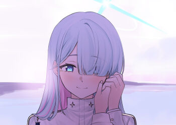 Rule 34 | 1boy, 1girl, absurdres, blue archive, blue eyes, blue hair, blue halo, closed mouth, colored inner hair, commentary request, doodle sensei (blue archive), eye reflection, general student council president (blue archive), grabbing another's hand, hair over one eye, halo, highres, jacket, kirisame (101642412), light blush, looking at viewer, multicolored hair, multicolored halo, pink hair, pov, pov hands, reflection, sensei (blue archive), single tear, smile, two-tone hair, two-tone halo, white halo, white jacket