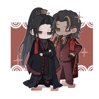 Rule 34 | 2boys, black eyes, black gloves, black hair, black hanfu, black shirt, brown eyes, chibi, chibi only, chinese clothes, chinese commentary, cigar, collared shirt, commentary request, cross scar, crossed arms, curtained hair, diandao210046, full body, gloves, gold trim, grin, hair ornament, hands on own hips, hanfu, high ponytail, highres, jacket, jacket on shoulders, jia qiu (project moon), lei heng (project moon), limbus company, long hair, looking at viewer, male focus, multiple boys, one eye closed, ponytail, project moon, red jacket, red scarf, red vest, scar, scar on face, scarf, shared clothes, shared scarf, shirt, single hair streak, smile, standing, stole, vest, xiao guan (headdress)