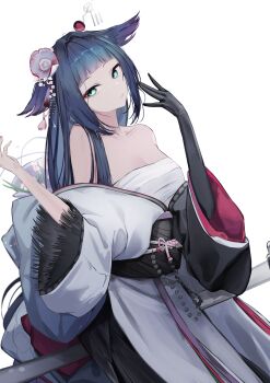 1girl absurdres arknights bare_shoulders black_hair black_kimono black_sash blue_eyes blunt_bangs breasts chest_sarashi dkzksp eyeshadow hair_ornament head_wings highres japanese_clothes kimono long_hair long_sleeves looking_at_viewer makeup medium_breasts mio_(arknights) obi off_shoulder red_eyeshadow sarashi sash sheath sheathed simple_background solo two-tone_kimono white_background white_kimono wide_sleeves wings