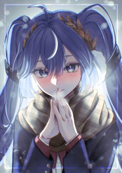 0_tsunamayo_0 1girl absurdres ahoge black_jacket blue_eyes blush brown_scarf closed_mouth commentary fingernails highres iuno_(wuthering_waves) jacket laurel_crown long_hair looking_at_viewer multicolored_hair nose_blush own_hands_together scarf smile solo streaked_hair upper_body wuthering_waves