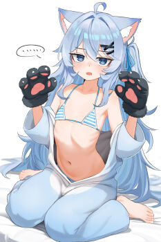 ... 1girl absurdres animal_ear_fluff animal_ears animal_hands barefoot bikini bikini_under_clothes blue_eyes blue_hair borrowed_character clothes_down flat_chest gloves highres jitome long_hair long_sleeves looking_at_viewer navel one_side_up onesie open_mouth open_onesie original paw_gloves shenqi_xiaohuang simple_background sitting spoken_ellipsis stomach striped_bikini striped_clothes swimsuit very_long_hair wariza white_background