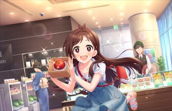 Rule 34 | 1boy, 2girls, apple, bag, blue dress, blue kimono, blush, breasts, collarbone, dress, dutch angle, eyelashes, feet, food, fruit, game cg, hands up, holding, idolmaster, idolmaster cinderella girls, idolmaster cinderella girls starlight stage, indoors, japanese clothes, kimono, lace-trimmed sleeves, lace trim, leaning forward, long hair, looking at viewer, medium breasts, multiple girls, official art, open mouth, orange (fruit), parted bangs, sandals, shop, short sleeves, shoulder bag, sidelocks, solo focus, sparkle, standing, standing on one leg, star-shaped pupils, star (symbol), swept bangs, symbol-shaped pupils, toenails, toes, tsujino akari, watermelon, wooden box