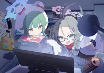 Rule 34 | 2girls, artist request, blue archive, blue eyes, blue halo, closed mouth, forehead, game cg, glasses, green eyes, green hair, halo, highres, holding, holding stylus, hood, hood up, indoors, jacket, long hair, meru (blue archive), momiji (blue archive), multiple girls, non-web source, official art, open mouth, pink halo, red sweater, smile, stylus, sweater, topknot, white jacket