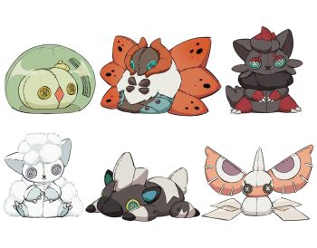 alolan_form alolan_vulpix blitzle button_eyes buttons character_doll claws commentary_request doll facing_viewer gen_3_pokemon gen_5_pokemon gen_7_pokemon highres masquerain nintendo no_humans pokemon simple_background solosis still_life stitches torori_toro_(oimo_kenpi) volcarona white_background zorua