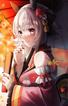 1girl animal_ears autumn_leaves bare_shoulders blush braid breasts closed_mouth commentary_request curren_chan_(cutie_pie_with_shining_eyes)_(umamusume) curren_chan_(umamusume) detached_sleeves floral_print floral_print_kimono flower folding_fan grey_hair hair_flower hair_ornament hand_fan highres holding holding_fan holding_umbrella horse_ears horse_girl japanese_clothes kimono leaf looking_at_viewer medium_breasts official_alternate_costume oil-paper_umbrella pink_kimono print_kimono purple_eyes red_nails short_hair sleeveless sleeveless_kimono smile solo umamusume umbrella yukata yume_30_31