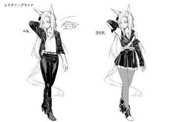absurdres animal_ears arm_up armpits belt boots commentary_request detached_sleeves ellerslie_pride_(umamusume) facial_scar greyscale high_heel_boots high_heels highres horse_ears horse_girl horse_tail jacket kuzumi_taiyou leather leather_jacket leather_pants long_hair long_sleeves looking_at_viewer monochrome pants pantyhose reference_sheet scar scar_on_cheek scar_on_face tail translation_request umamusume umamusume:_cinderella_gray white_background