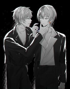 Rule 34 | 2boys, aoyagi touya, arm at side, bad id, bad twitter id, blue nails, closed mouth, earrings, fingernails, greyscale, hand on another's cheek, hand on another's face, hand up, highres, jacket, jewelry, lapels, long sleeves, looking at another, male focus, mole, mole under eye, monochrome, multicolored hair, multiple boys, nail polish, notched lapels, open clothes, open jacket, orange nails, partially colored, project sekai, shinonome akito, short hair, split-color hair, stud earrings, turtleneck, two-tone hair, yangaengso