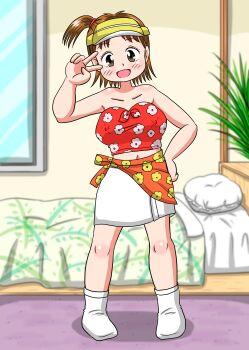 1girl absurdres aya_(minna_no_golf) bed bedroom blush breasts brown_eyes brown_hair clap_hanz collarbone covered_erect_nipples floral_print hand_on_own_hip hat highres large_breasts looking_at_viewer marup midriff minna_no_golf navel open_mouth pillow plant ponytail print_sarong print_shirt red_sarong red_shirt sarong shirt short_hair side_ponytail skirt smile socks standing strapless tube_top v visor_cap white_skirt white_socks window yellow_hat