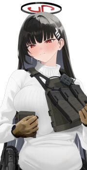 1girl absurdres black_hair black_halo blue_archive blush breasts bright_pupils brown_gloves commentary_request fte_(fifteen_199) gloves hair_ornament hairclip halo highres large_breasts long_hair looking_down magazine_(weapon) red_eyes red_halo rio_(blue_archive) solo sweater turtleneck turtleneck_sweater utility_vest vest white_pupils white_sweater