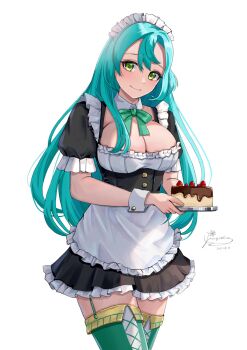 1girl alternate_costume apron aqua_hair black_dress bow bowtie breasts cake chloe_(fire_emblem) cleavage closed_mouth dated dress fire_emblem fire_emblem_engage food green_bow green_bowtie green_eyes hair_between_eyes highres large_breasts long_hair looking_at_viewer maid maid_apron maid_headdress mugitoro_(dsfv2277) nintendo puffy_short_sleeves puffy_sleeves short_sleeves signature smile solo thighhighs thighs very_long_hair white_background wrist_cuffs